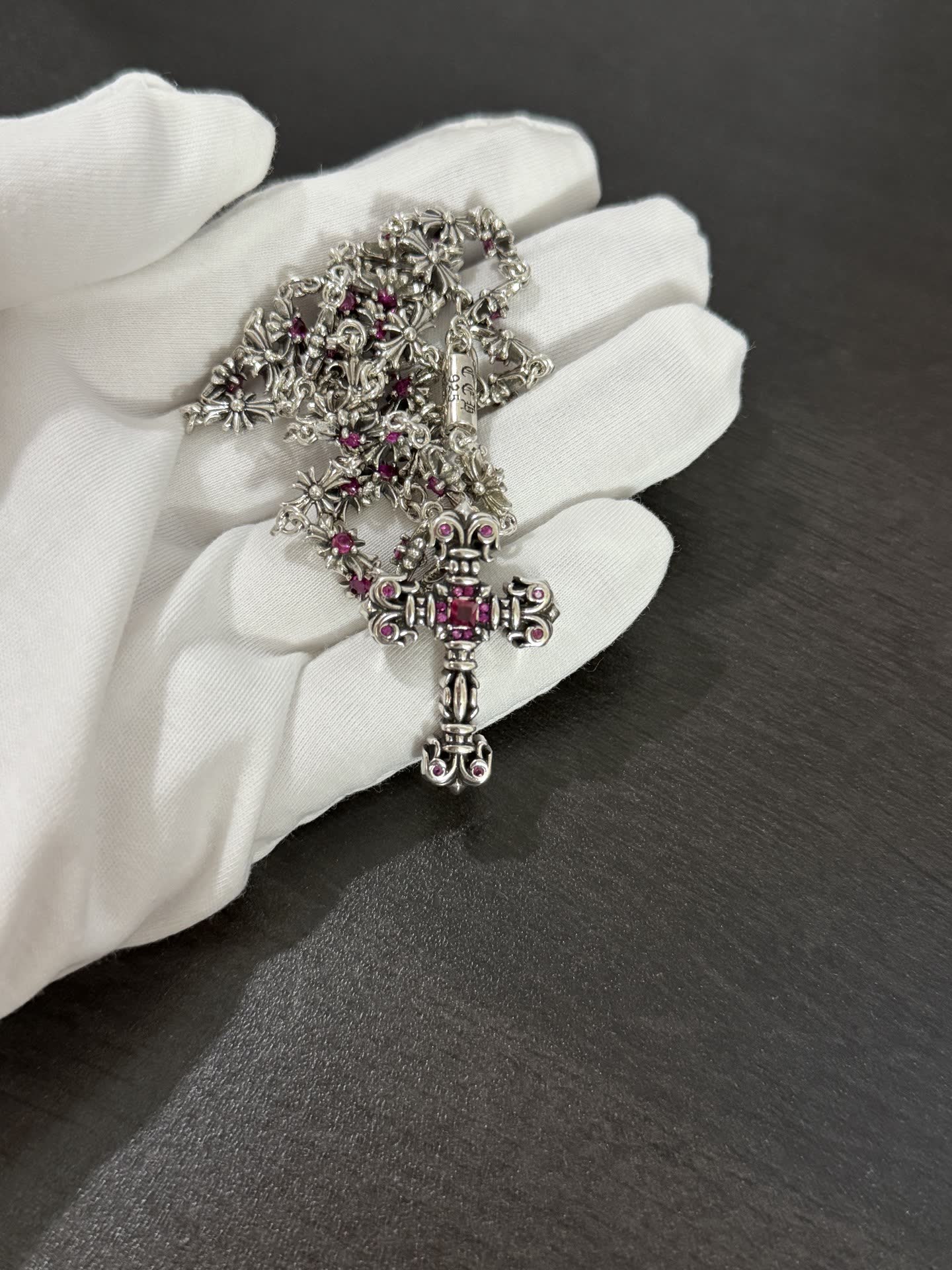 Chrome Hearts Silver Cross Pendant with Pink Stones
